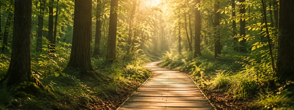 Waldweg im goldenen Morgenlicht